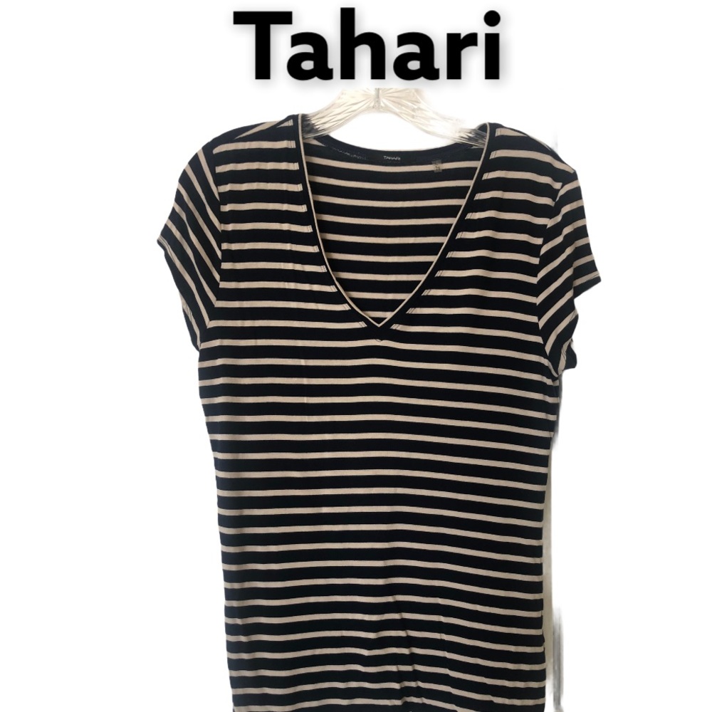 Tahari v-neck Short Sleeve Navy and White striped t shirt L